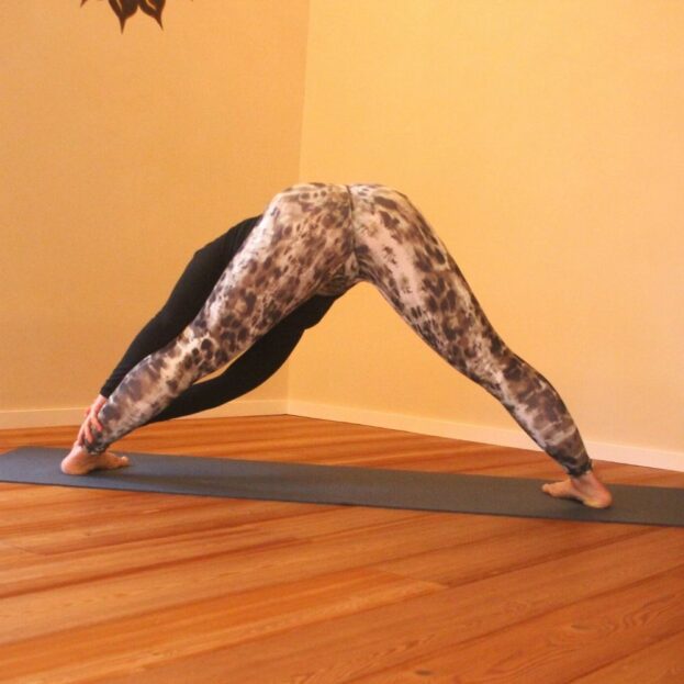 Yoga Leggings Ganga Animal Gold Brown von Kismet im Prasarita Padottanasana