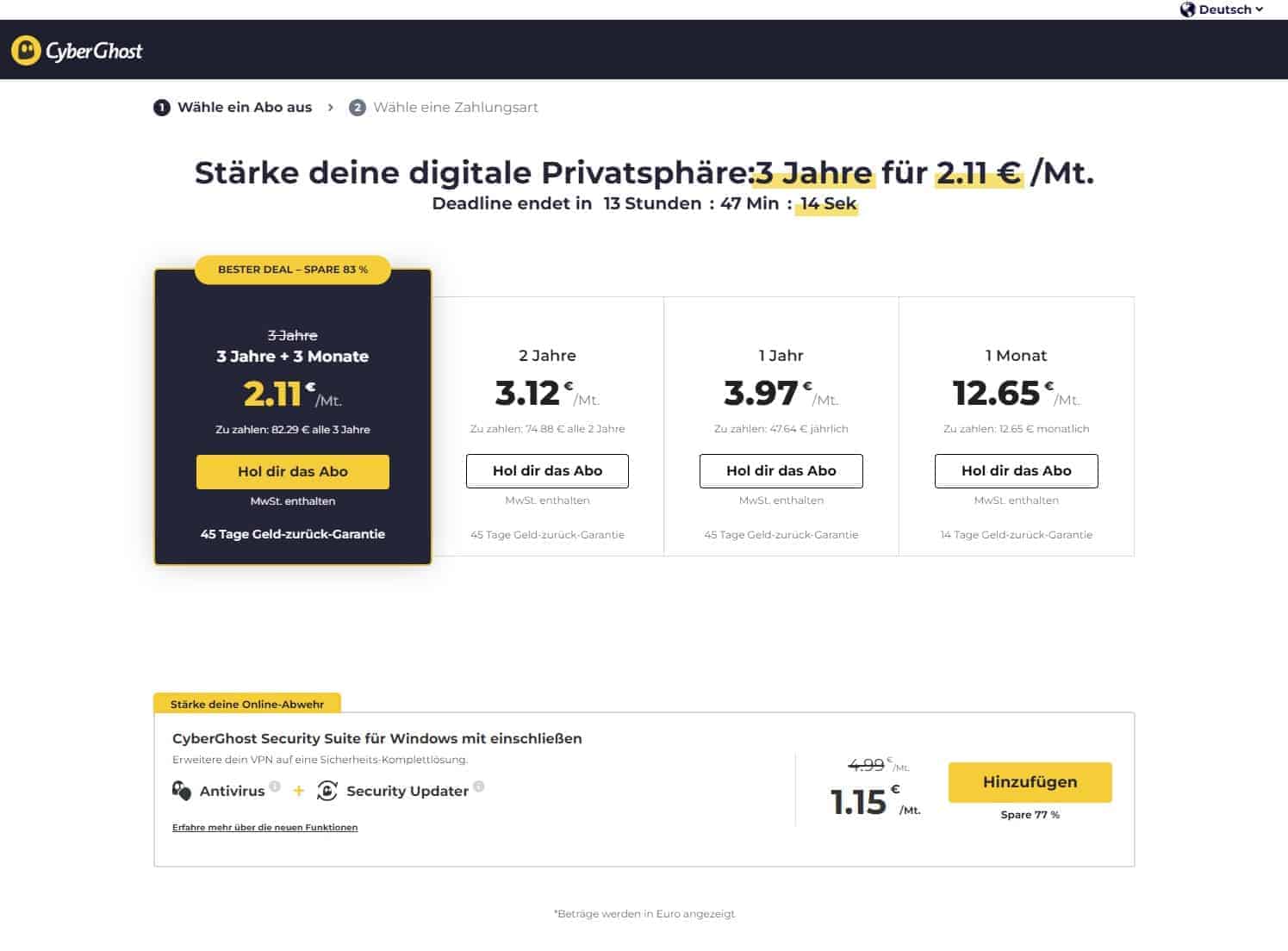 CyberGhost Preis Tabelle Angebote September 2022