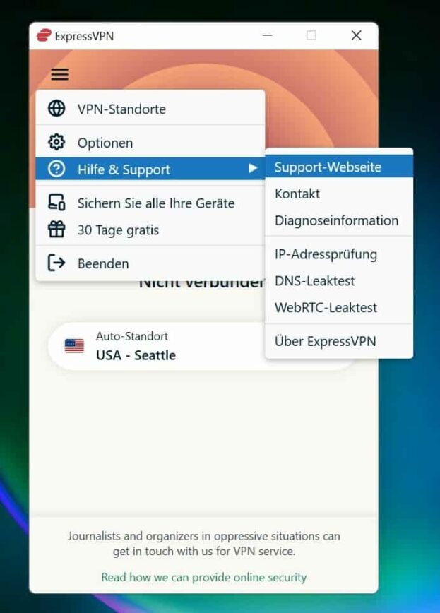 Expressvpn Support Kundenservice in der App