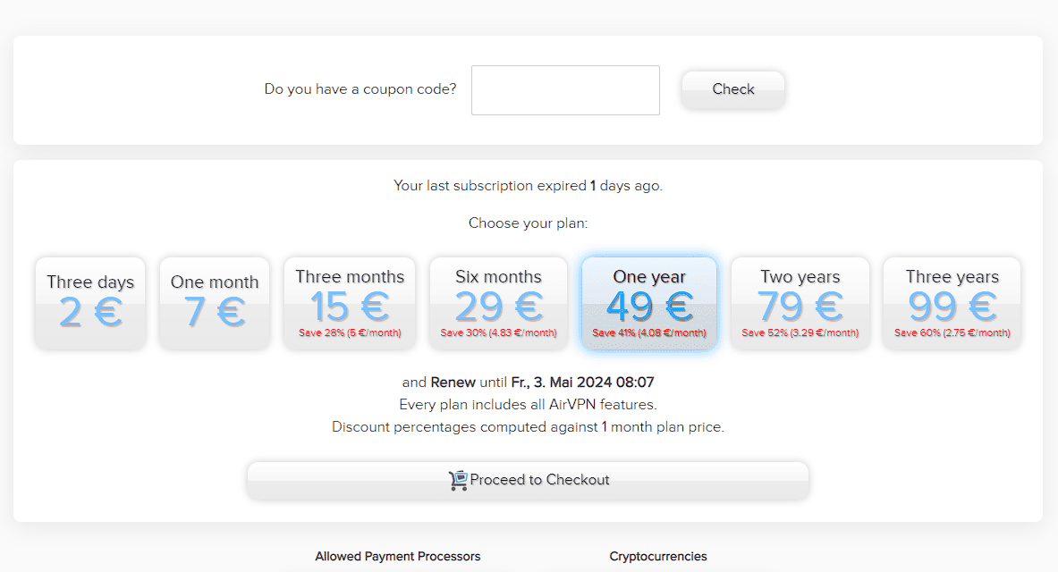 AirVPN Plans Mai 2023