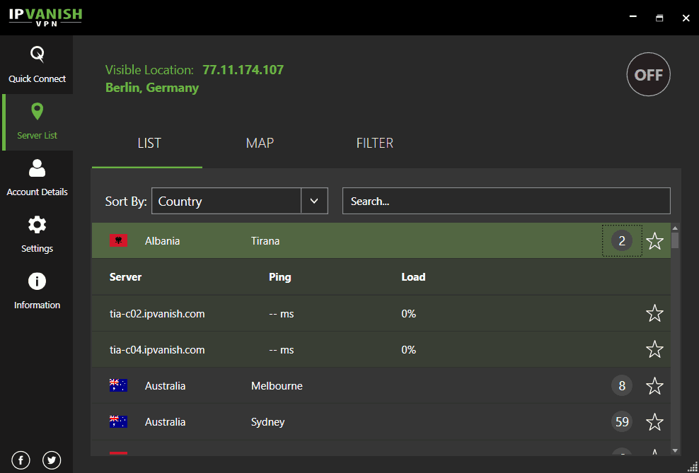 IPVanish Server Albanien