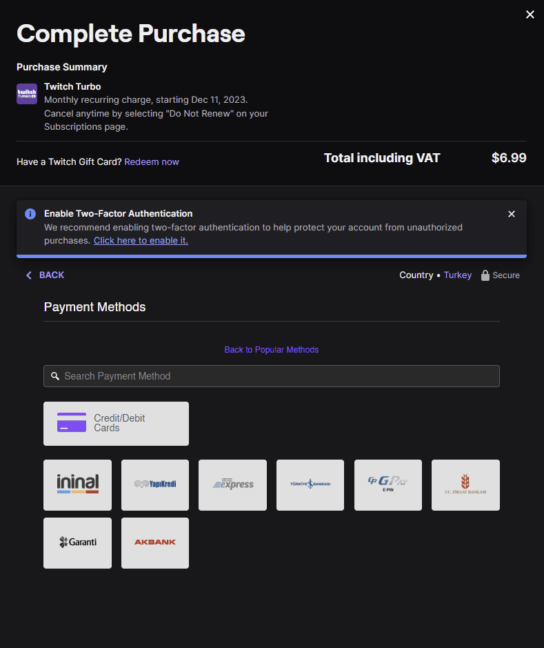 twitch turbo turkey new account other payment methods