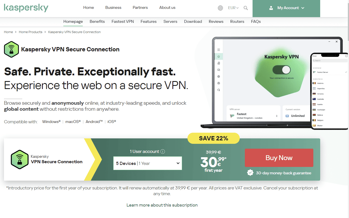 Kaspersky VPN Landing Page