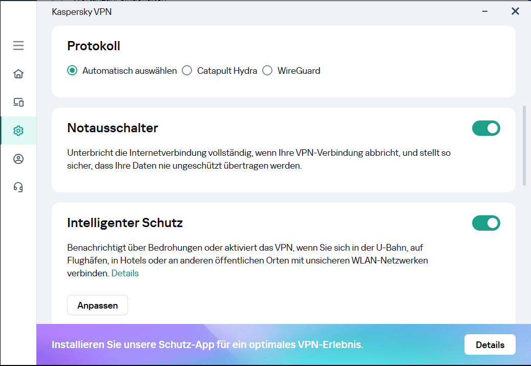 Kaspersky VPN Protokolle